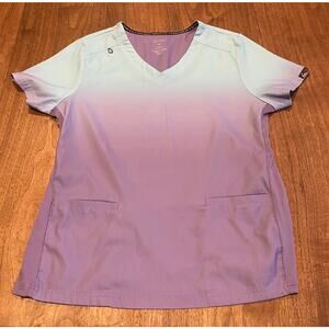 Koi Lite Women’s Scrub Top Medium Slim Fit Ombre Purple Blue V-Neck Pockets